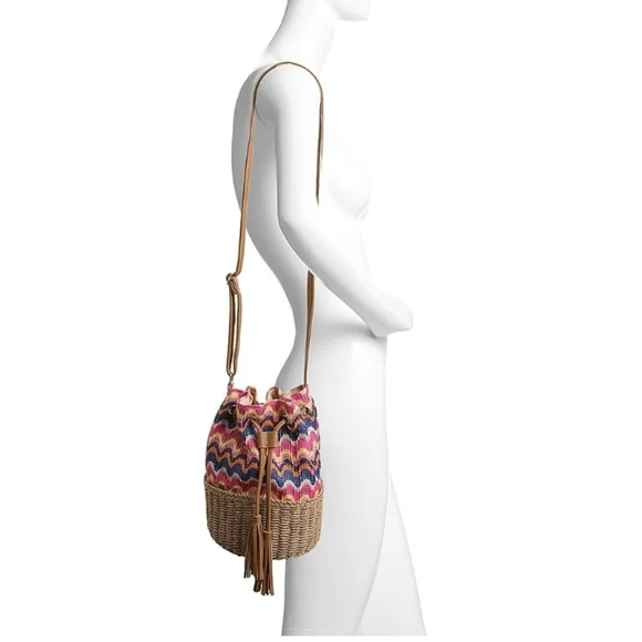 💘CROWN VINTAGE💞 Chevron Print Woven Straw Raffia Bucket Bag💙 Purse boho - Picture 4 of 11